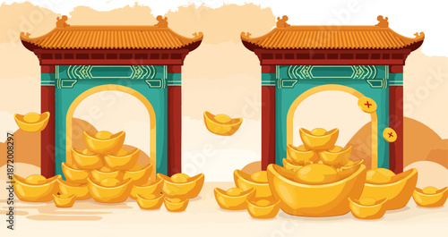 golden gate of wealth with coins