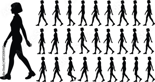 Silhouette animation sequence of a woman walking on a white background vector illustration