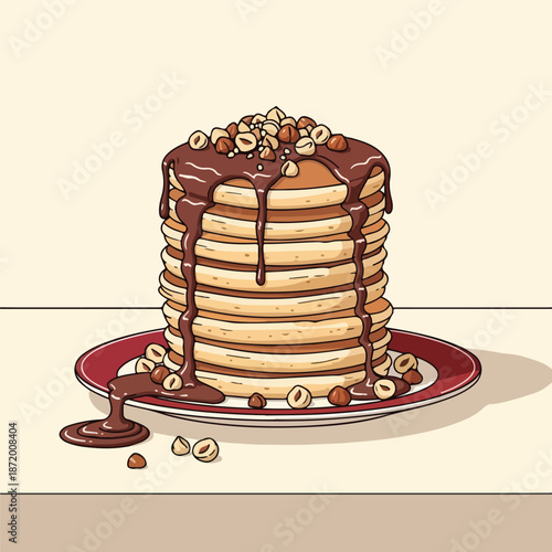 Illustration of a stack of pancakes topped with chocolate sauce and nuts on a red plate against a beige background.