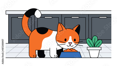 Domestic cat eating from a food bowl in a clean kitchen setting, flat vector illustration with solid colors and simple shapes, ideal for pet nutrition and daily routine concepts