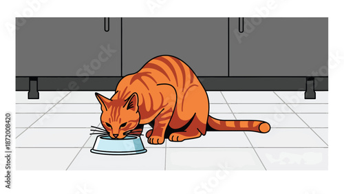 Domestic cat eating from a food bowl in a clean kitchen setting, flat vector illustration with solid colors and simple shapes, ideal for pet nutrition and daily routine concepts
