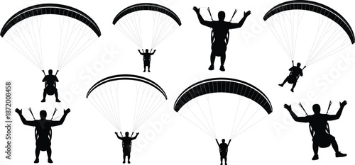 Silhouette Collection Of Paragliders In Various Poses With White Background paragliding skydiving