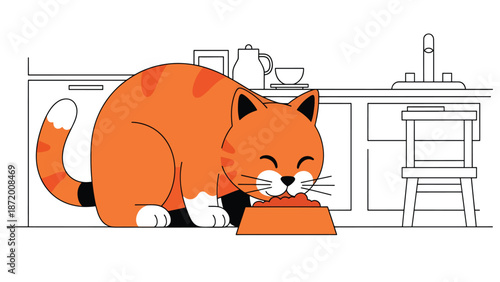 Domestic cat eating from a food bowl in a clean kitchen setting, flat vector illustration with solid colors and simple shapes, ideal for pet nutrition and daily routine concepts