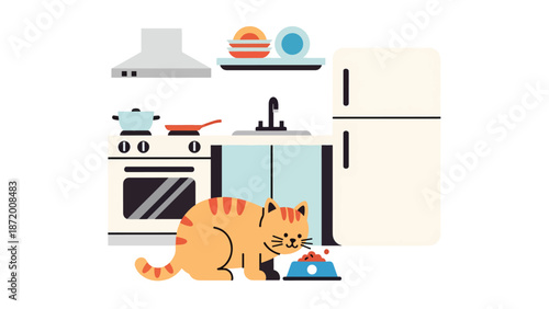 Domestic cat eating from a food bowl in a clean kitchen setting, flat vector illustration with solid colors and simple shapes, ideal for pet nutrition and daily routine concepts
