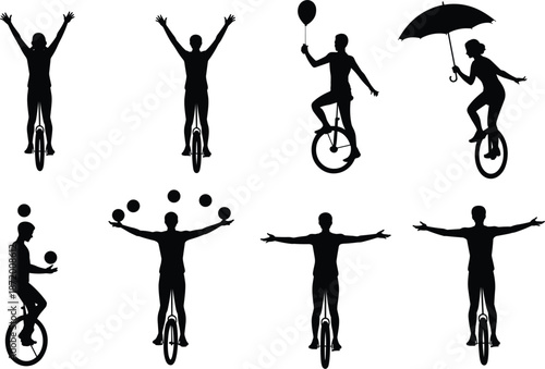 Silhouette Collection Of People Performing Unicycle Tricks And Juggling On White Keywords: unicycle, silhouette, person, circus