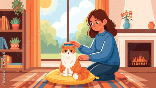 Calm pet cat being gently brushed during grooming time, cozy home interior scene, flat vector illustration with solid colors and clean outlines for pet care and wellness themes