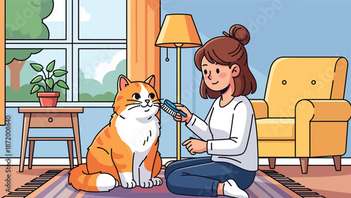 Calm pet cat being gently brushed during grooming time, cozy home interior scene, flat vector illustration with solid colors and clean outlines for pet care and wellness themes