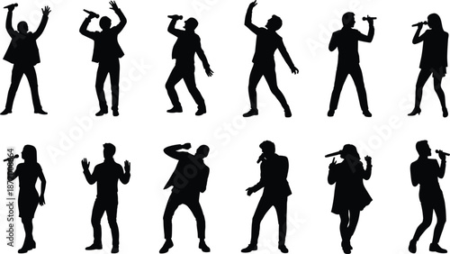 Silhouette Collection Of People Singing And Performing With Microphones On White Background singer performance