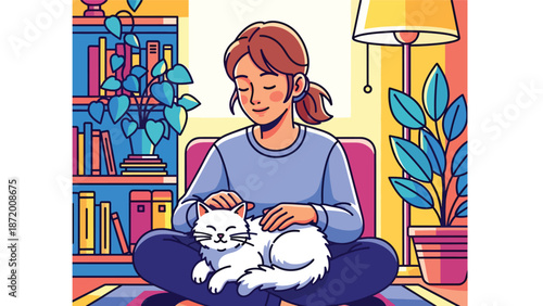 Calm pet cat being gently brushed during grooming time, cozy home interior scene, flat vector illustration with solid colors and clean outlines for pet care and wellness themes
