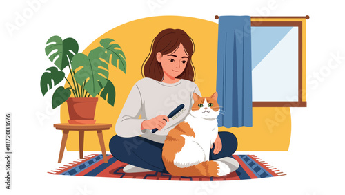 Calm pet cat being gently brushed during grooming time, cozy home interior scene, flat vector illustration with solid colors and clean outlines for pet care and wellness themes