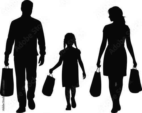 Silhouette of a family walking with shopping bags on a white background vector illustration