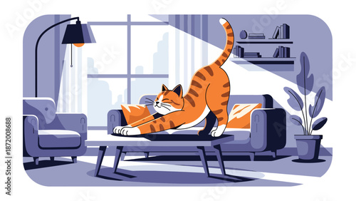Relaxed cat stretching on a sofa in a bright living room, flat vector illustration with solid colors and clean outlines, peaceful pet lifestyle scene ideal for home comfort themes