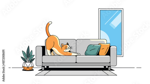 Relaxed cat stretching on a sofa in a bright living room, flat vector illustration with solid colors and clean outlines, peaceful pet lifestyle scene ideal for home comfort themes
