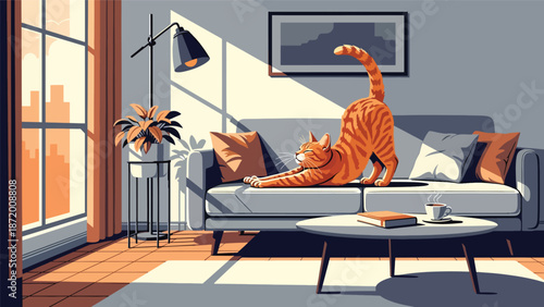 Relaxed cat stretching on a sofa in a bright living room, flat vector illustration with solid colors and clean outlines, peaceful pet lifestyle scene ideal for home comfort themes