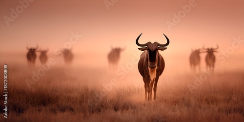 A wildebeest stands prominently in the foreground as its herd emerges from the early morning mist in the African savanna grassland environment.