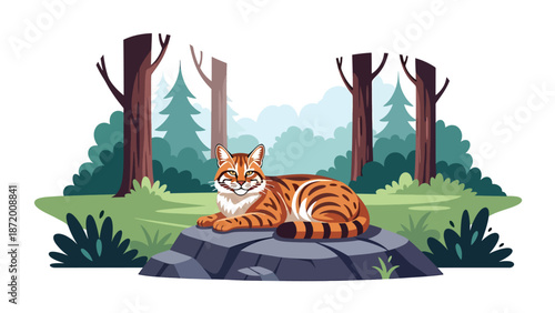 Wild cat resting on a rock in a peaceful forest clearing, flat vector illustration with solid colors and clean outlines, calm wildlife nature scene for animal and ecology themes