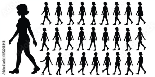 Silhouette of a woman walking in multiple poses on a white background movement animation