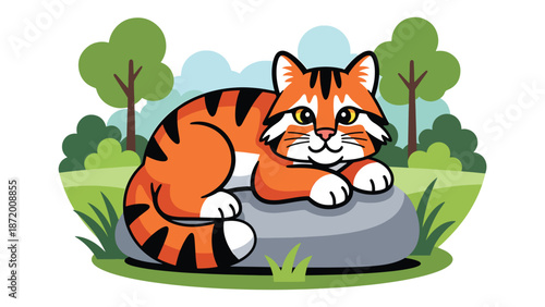 Wild cat resting on a rock in a peaceful forest clearing, flat vector illustration with solid colors and clean outlines, calm wildlife nature scene for animal and ecology themes