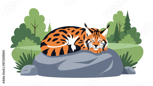 Wild cat resting on a rock in a peaceful forest clearing, flat vector illustration with solid colors and clean outlines, calm wildlife nature scene for animal and ecology themes
