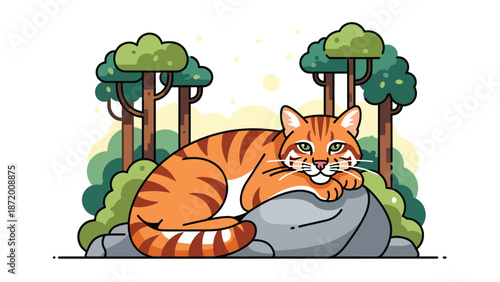 Wild cat resting on a rock in a peaceful forest clearing, flat vector illustration with solid colors and clean outlines, calm wildlife nature scene for animal and ecology themes