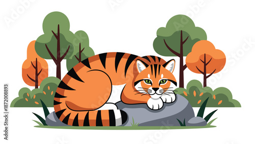 Wild cat resting on a rock in a peaceful forest clearing, flat vector illustration with solid colors and clean outlines, calm wildlife nature scene for animal and ecology themes