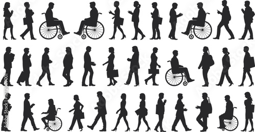 Silhouettes of diverse people walking and in wheelchairs representing inclusivity and daily life Keywords: silhouette, people