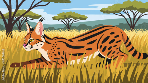 Wild cat hunting quietly through tall grass, flat vector illustration with solid colors and clean outlines, focused wildlife behavior scene ideal for nature and animal concepts