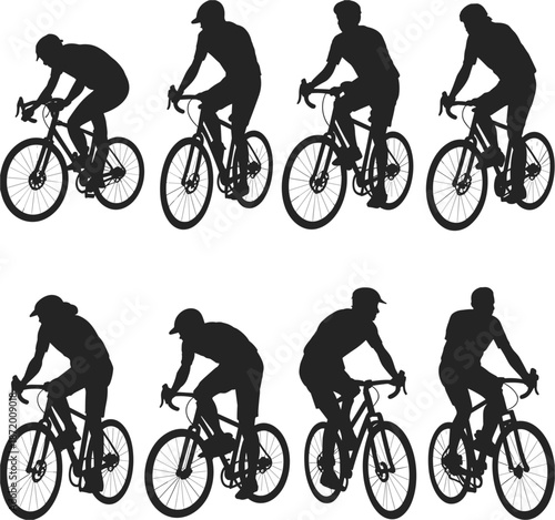 Silhouettes of eight cyclists in motion on white background cycling bicycle