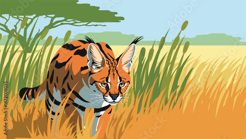 Wild cat hunting quietly through tall grass, flat vector illustration with solid colors and clean outlines, focused wildlife behavior scene ideal for nature and animal concepts
