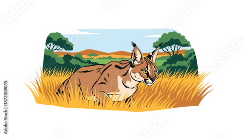 Wild cat hunting quietly through tall grass, flat vector illustration with solid colors and clean outlines, focused wildlife behavior scene ideal for nature and animal concepts