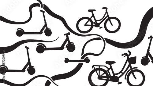 Bicycles and scooters on winding road tracks illustration