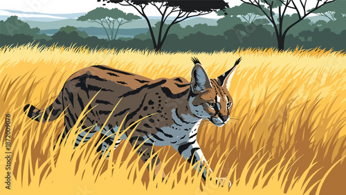 Wild cat hunting quietly through tall grass, flat vector illustration with solid colors and clean outlines, focused wildlife behavior scene ideal for nature and animal concepts