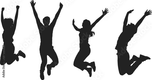 Silhouettes of four diverse people jumping with arms raised in celebration happiness