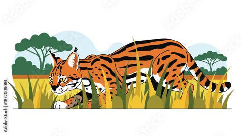 Wild cat hunting quietly through tall grass, flat vector illustration with solid colors and clean outlines, focused wildlife behavior scene ideal for nature and animal concepts
