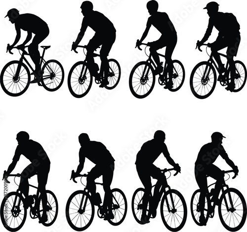 Silhouettes of eight cyclists in motion on white background cycling bicycle