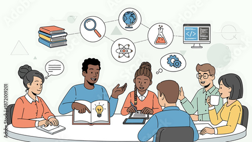 Diverse team collaborating on innovative ideas at a round table, brainstorming session