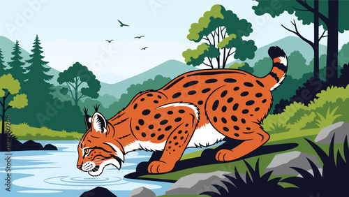 Wild cat drinking water from a river in a natural landscape, flat vector illustration with solid colors and clean outlines, peaceful wildlife moment for nature and ecology themes
