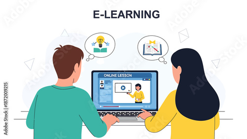 E-learning: Students learning online lesson on laptop, education and knowledge concept