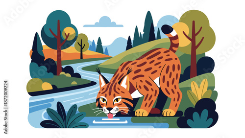 Wild cat drinking water from a river in a natural landscape, flat vector illustration with solid colors and clean outlines, peaceful wildlife moment for nature and ecology themes