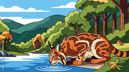 Wild cat drinking water from a river in a natural landscape, flat vector illustration with solid colors and clean outlines, peaceful wildlife moment for nature and ecology themes