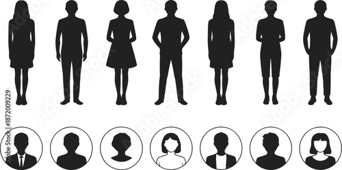 Silhouettes of men and women full body figures and profile portraits people woman