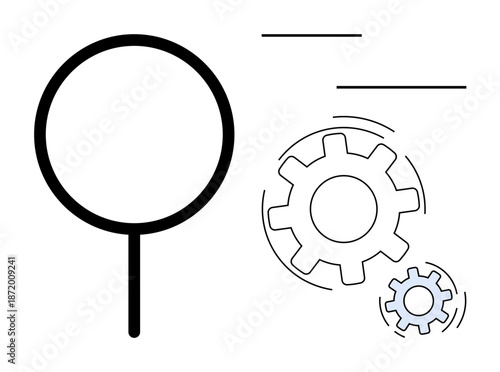 Search engine optimization, technology analysis, problem-solving, process management, troubleshooting, system efficiency. Magnifying glass and gears in abstract motion. Analysis and technology