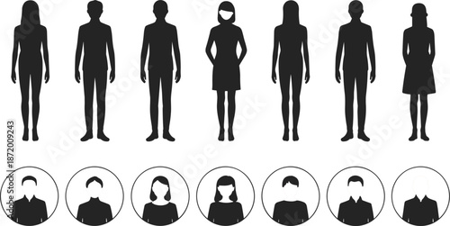 Silhouettes of men and women with circular profile icons on white background people male