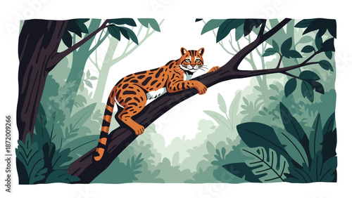 Wild cat climbing a tree branch in a forest environment, flat vector illustration with solid colors and clean outlines, dynamic wildlife activity scene for nature concepts