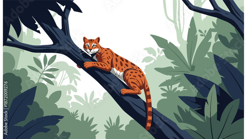Wild cat climbing a tree branch in a forest environment, flat vector illustration with solid colors and clean outlines, dynamic wildlife activity scene for nature concepts