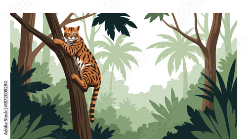 Wild cat climbing a tree branch in a forest environment, flat vector illustration with solid colors and clean outlines, dynamic wildlife activity scene for nature concepts