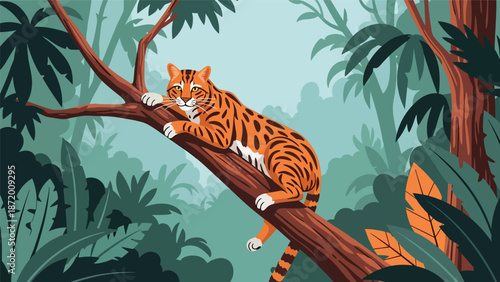 Wild cat climbing a tree branch in a forest environment, flat vector illustration with solid colors and clean outlines, dynamic wildlife activity scene for nature concepts