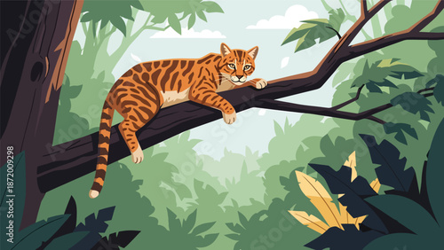 Wild cat climbing a tree branch in a forest environment, flat vector illustration with solid colors and clean outlines, dynamic wildlife activity scene for nature concepts