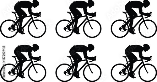 Six identical black silhouettes of a cyclist in racing position on white background cycling bicycle