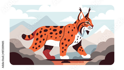 Wild cat walking across rocky terrain in a natural landscape, flat vector illustration with solid colors and clean outlines, strong wildlife presence for nature concepts